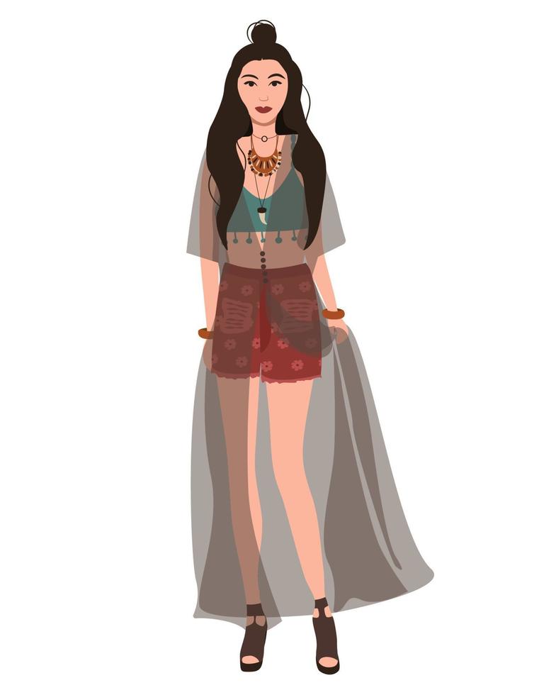 femme en vêtements boho. jolie femme dans des vêtements à la mode avec des motifs ethniques. illustration vectorielle plane. vecteur