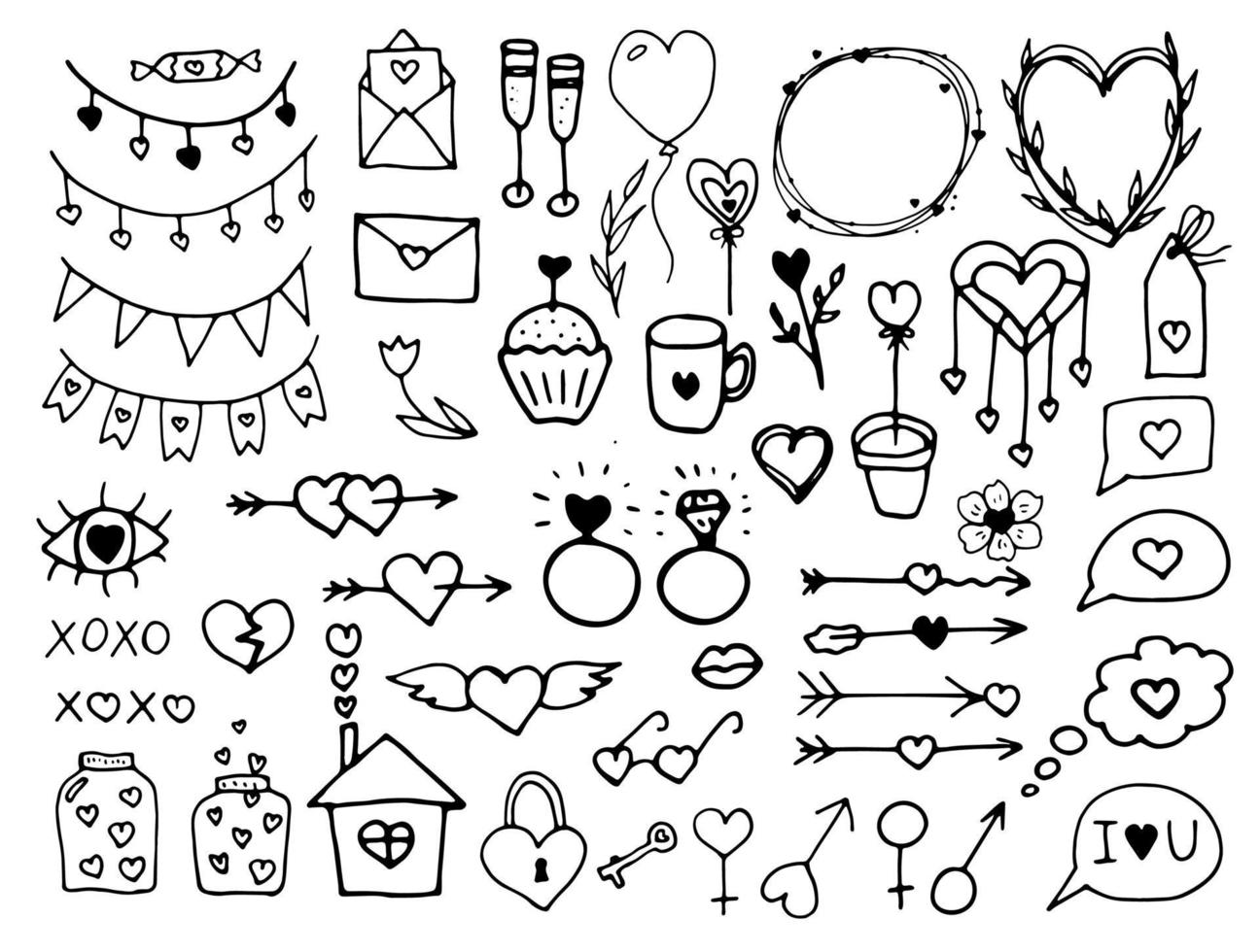 collection pour la saint valentin. ensemble de doodles vectoriels dessinés à la main. vecteur