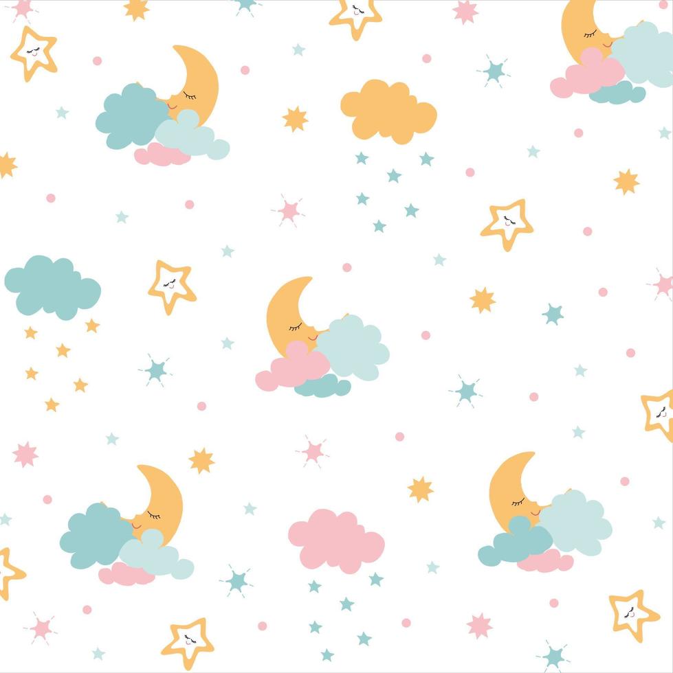 affiche pour enfants lune, étoiles, nuages. peut être utilisé pour les cartes de typographie, les vêtements pour bébés, les vêtements pour enfants, le linge de lit design. personnages mignons couleurs rose, bleu, jaune. fond blanc. style bande dessinée. vecteur