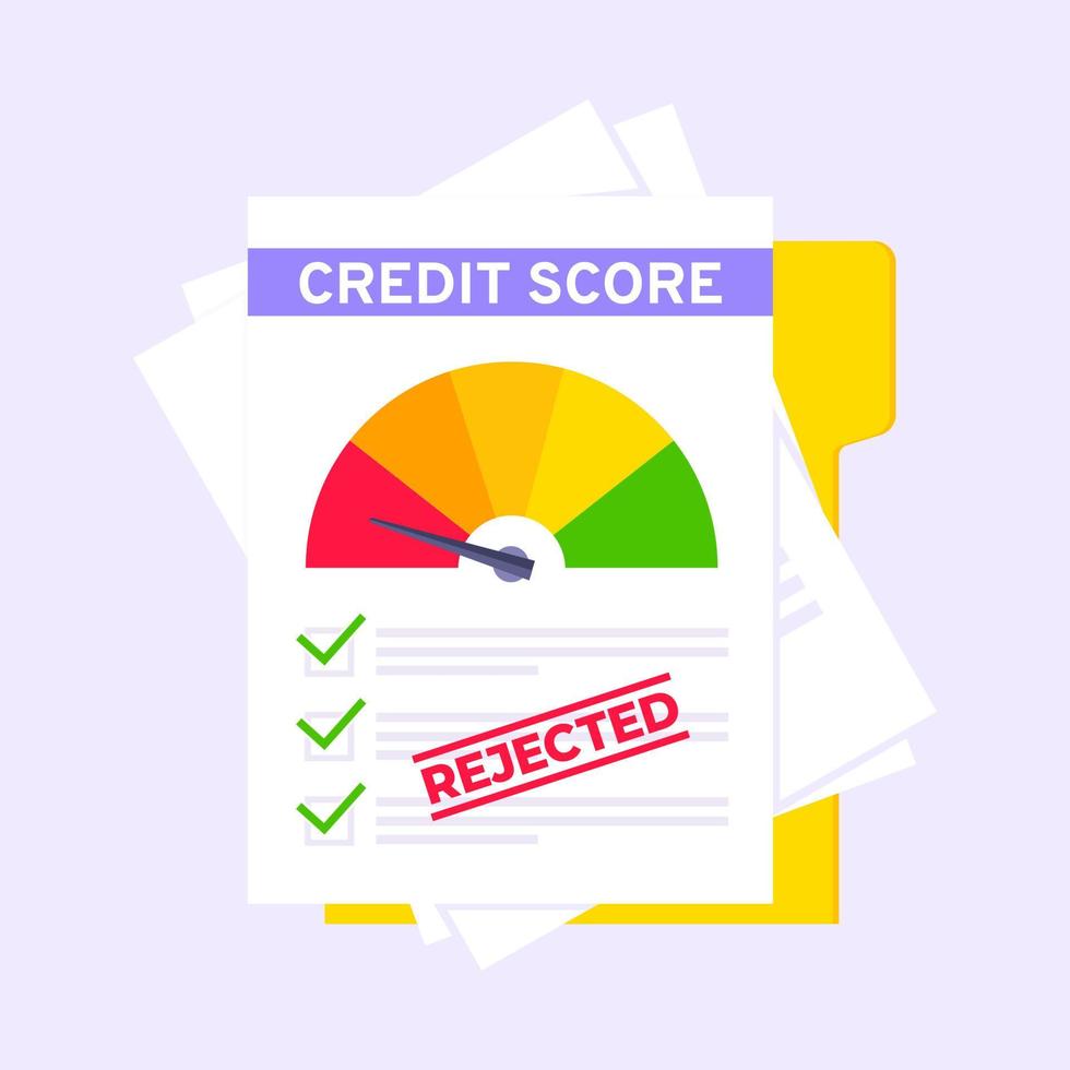 indicateur de compteur de vitesse de jauge de pointage de crédit avec niveaux de couleur sur feuilles de papier et fichier. vecteur