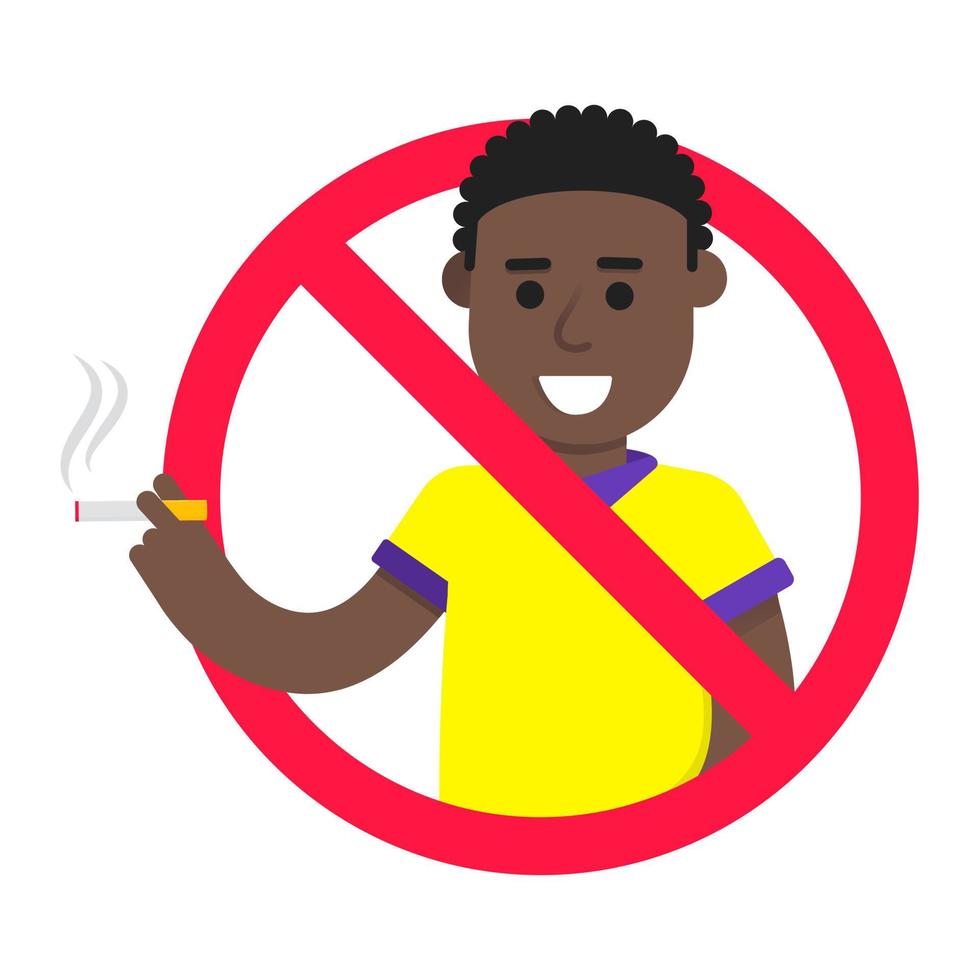 aucun signe de fumer avec un garçon masculin debout. icône de signe interdit isolé sur illustration vectorielle fond blanc. garçon fume la cigarette, cercle d'interdiction rouge isolé sur fond blanc. vecteur