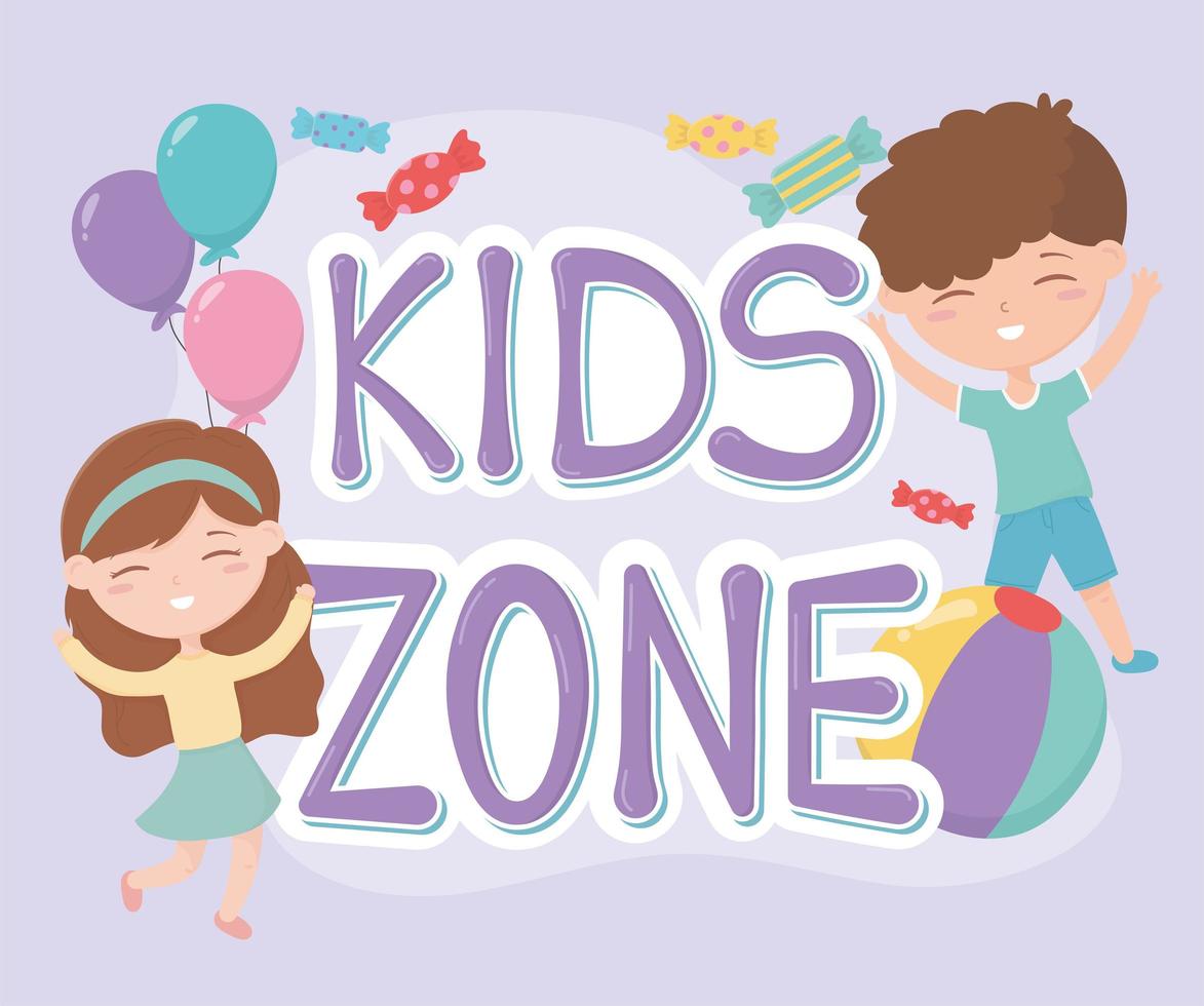 zone pour enfants, joyeux petit garçon et fille ballons et dessin animé de bonbons vecteur