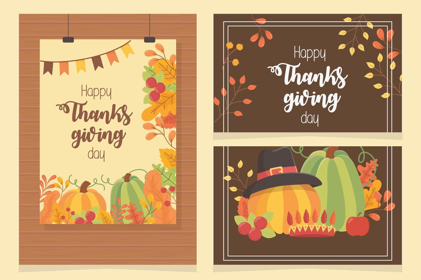 joyeux thanksgiving affiches ensemble dîner feuilles d'automne vecteur