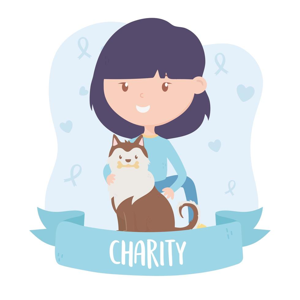 faire du bénévolat, aider une adolescente caritative avec une bannière de sauvetage de chien vecteur