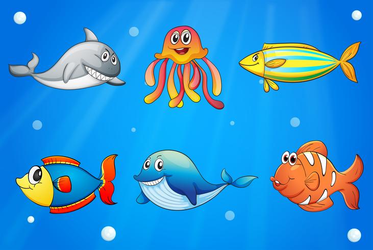 Six créatures marines souriantes sous la mer profonde vecteur