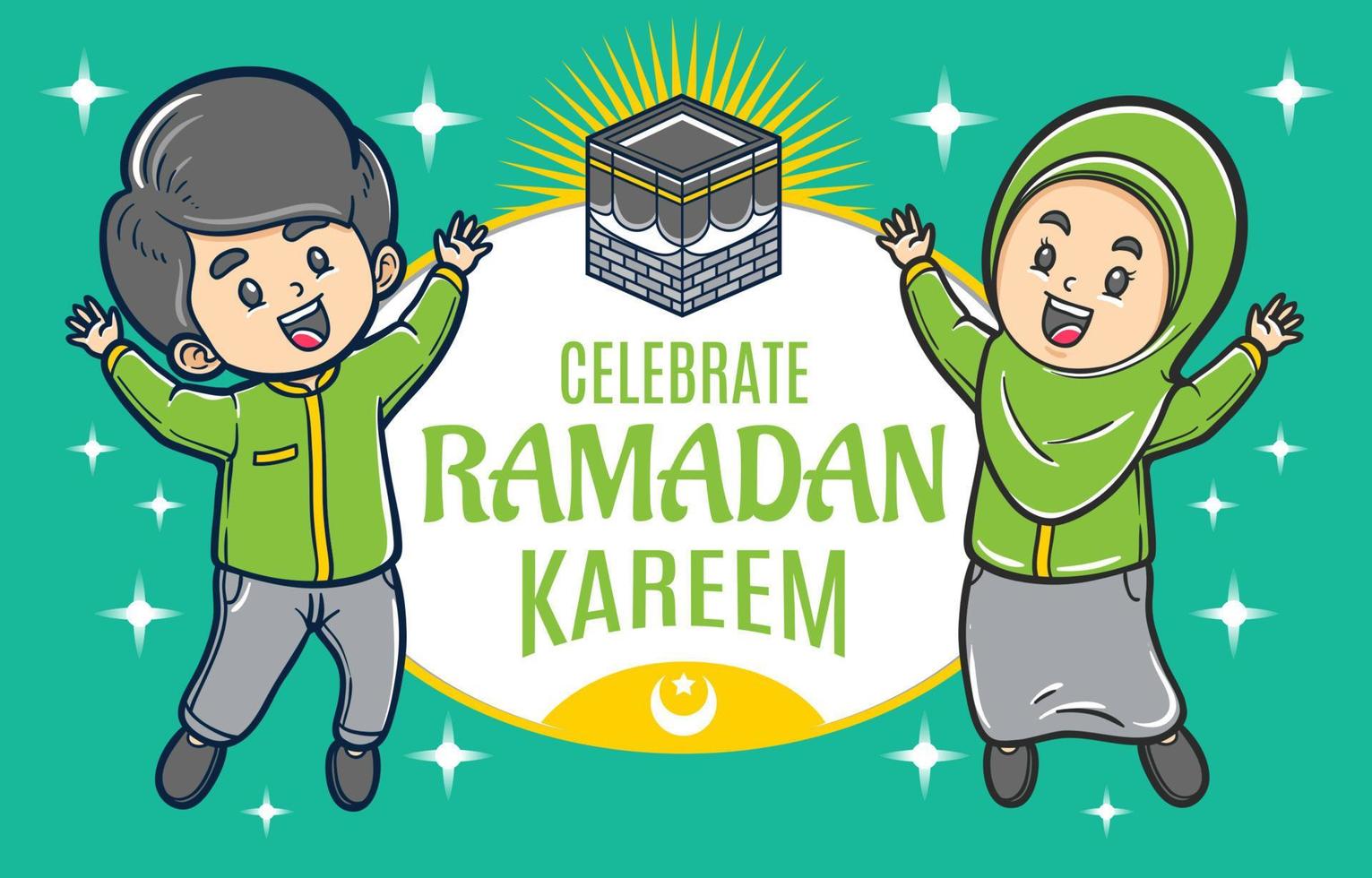 les enfants musulmans célèbrent l'illustration du ramadan moubarak vecteur