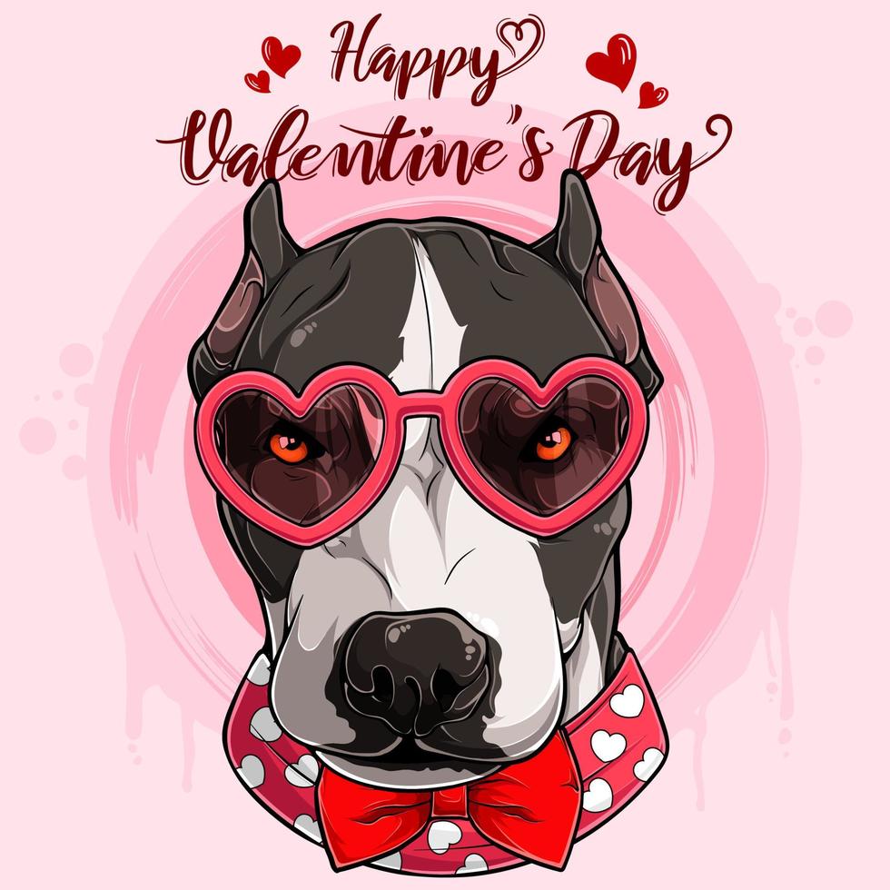 bonne saint valentin tête de chien pit bull portant des lunettes en forme de coeur et noeud papillon rouge vecteur