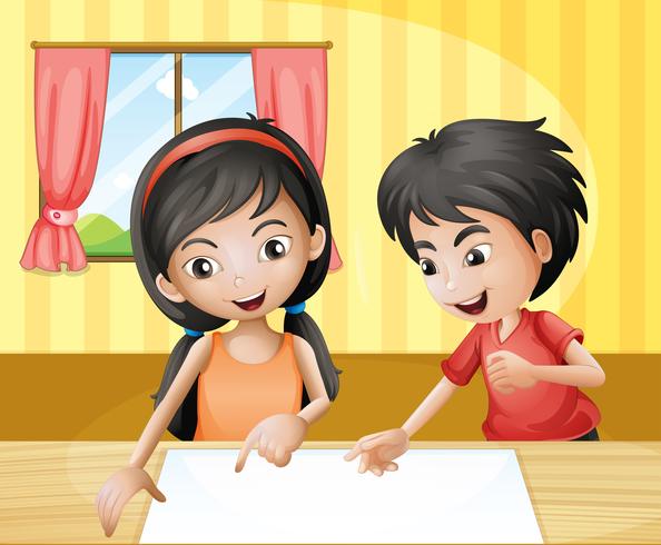 Un garçon et une fille discutant avec un affichage vide à la table vecteur