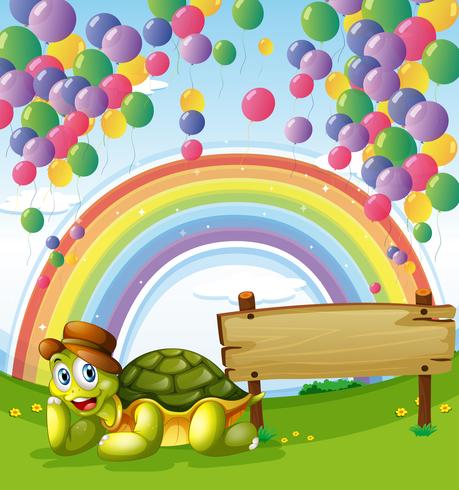 Une tortue à côté du plateau vide avec un arc-en-ciel et des ballons flottants dans le ciel vecteur