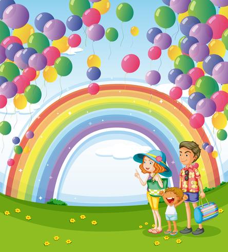 Une famille se promenant avec un arc-en-ciel et des ballons flottants vecteur