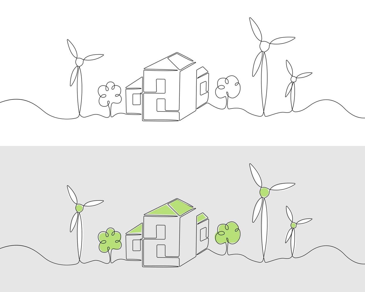 un dessin au trait d'énergie éolienne, d'énergie renouvelable. illustration vectorielle en ligne continue de sources alternatives isolées sur fond blanc. vecteur