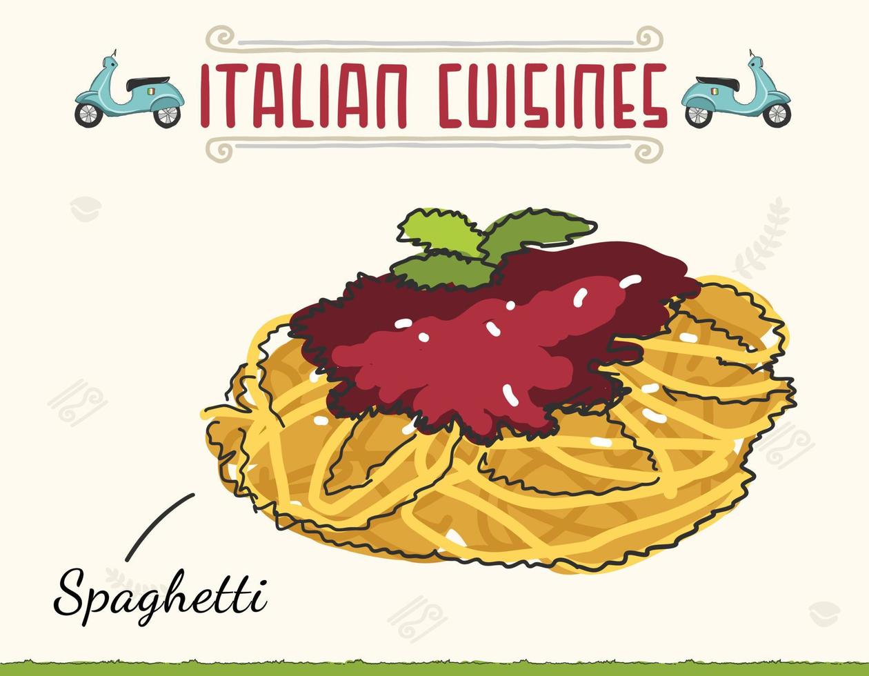 doodle de spaghetti à la sauce tomate. plat de pâtes classique, illustration vectorielle isolée. spaghetti bolognaise vecteur