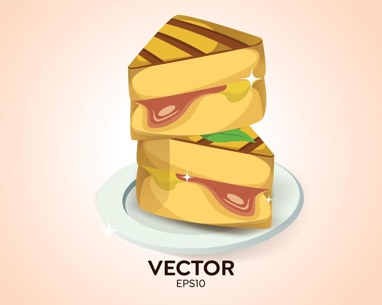 illustration vectorielle de tranches de sandwich sur assiette, délicieuses tranches de sandwich juteuses farcies de légumes, fromage, viande, bacon. illustration vectorielle en style cartoon plat vecteur