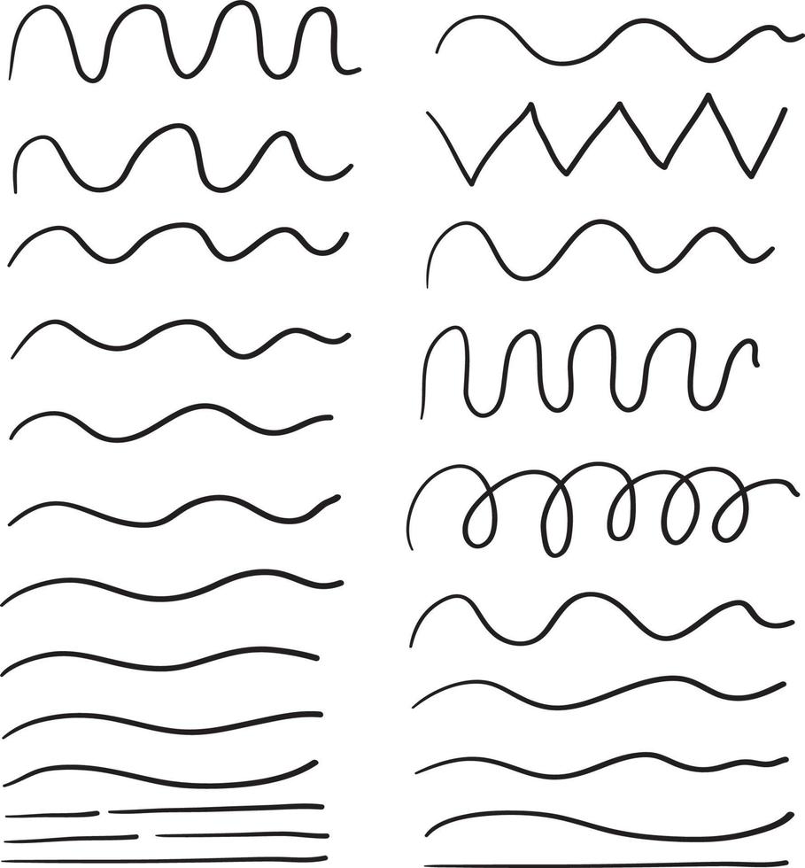 ligne de vague dessinée à la main et lignes de motif en zigzag ondulé. vecteur soulignements noirs, gribouillis horizontaux ondulés lisses isolés