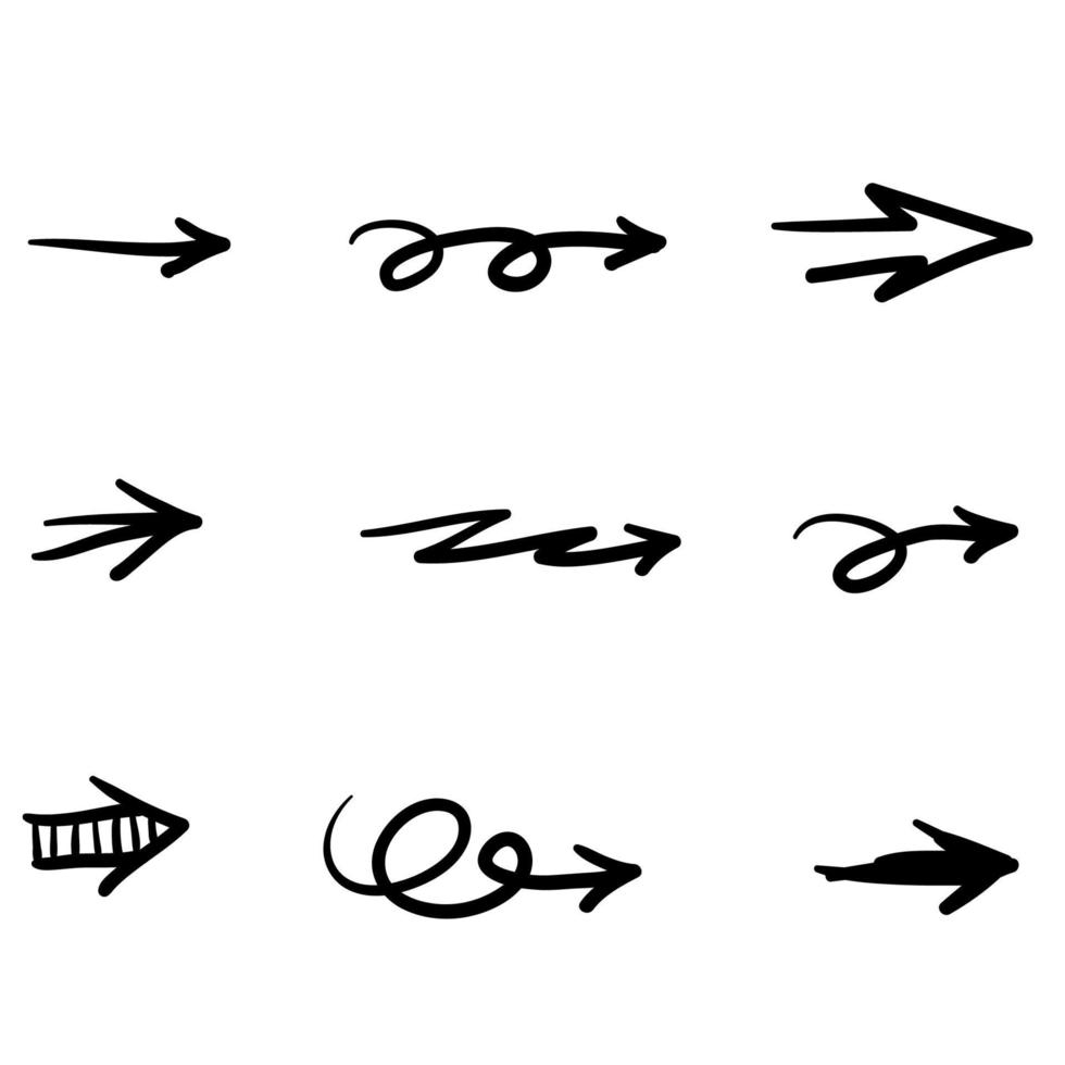 ensemble de flèches vectorielles dessinées à la main sur fond blanc. collection d'icônes vectorielles flèche gribouillis doodle vecteur