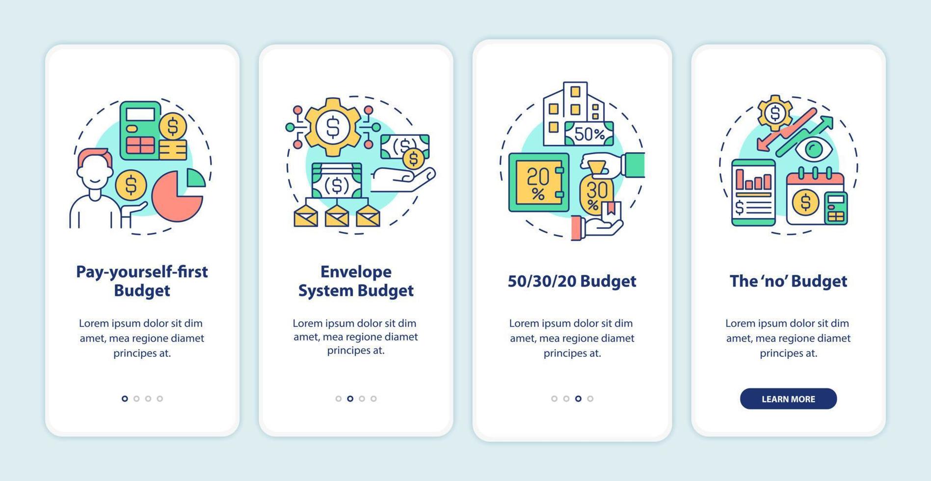 approches budgétaires sur l'écran de l'application mobile d'intégration. types de planification financière pas à pas 4 étapes pages d'instructions graphiques avec des concepts linéaires. ui, ux, modèle d'interface graphique. myriade de polices pro-gras régulières utilisées vecteur