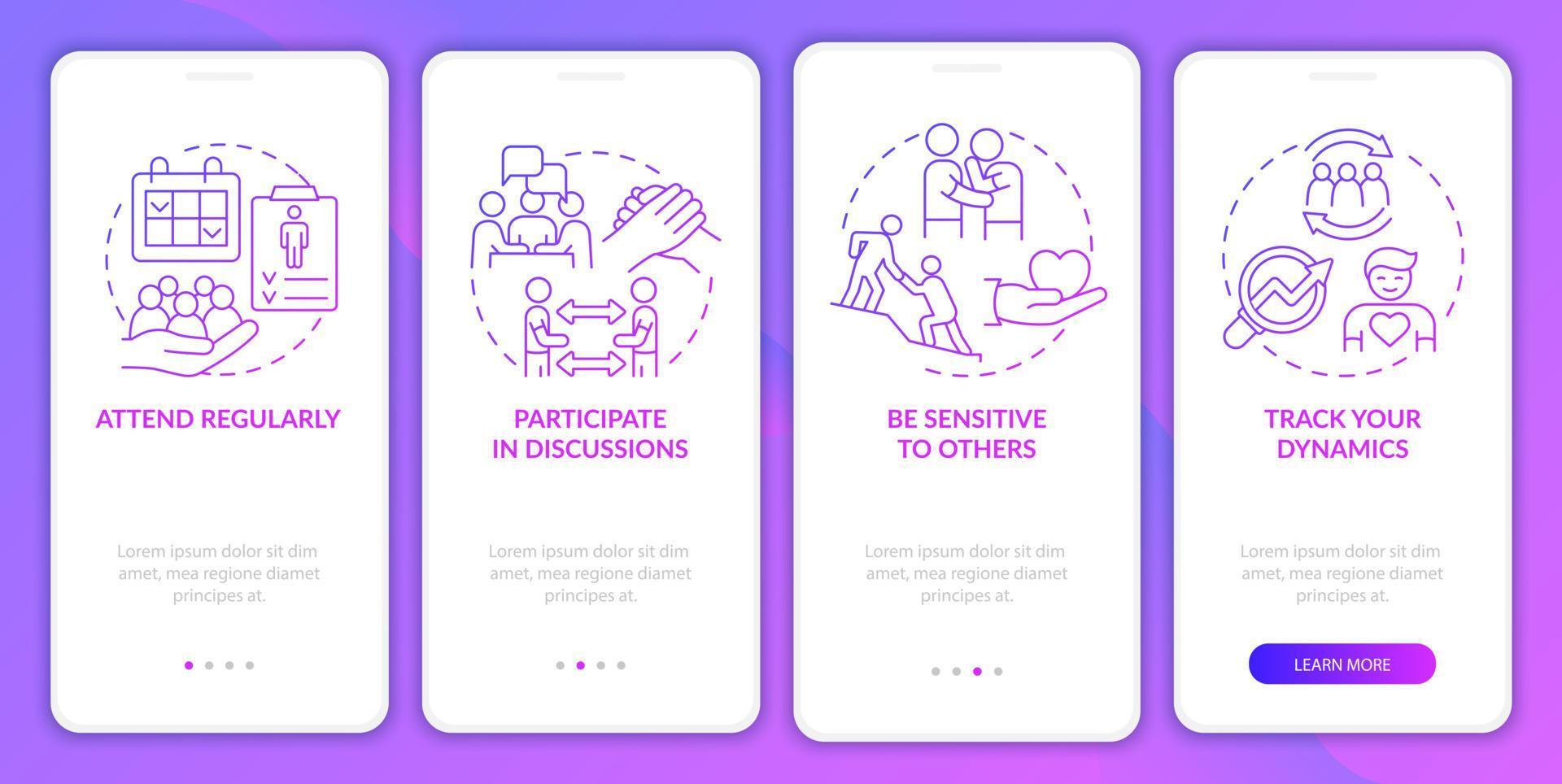 aller à l'écran de l'application mobile d'intégration de gradient violet de thérapie de groupe. pages d'instructions graphiques en 4 étapes avec des concepts linéaires. ui, ux, modèle d'interface graphique. myriade de polices pro-gras régulières utilisées vecteur