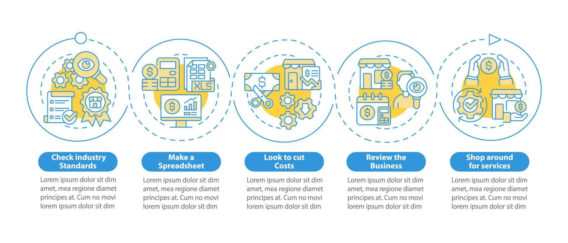 budgétisation pour le modèle d'infographie de cercle bleu de petite entreprise. visualisation des données en 5 étapes. graphique d'informations sur la chronologie du processus. mise en page du flux de travail avec des icônes de ligne. myriade de polices pro-gras régulières utilisées vecteur