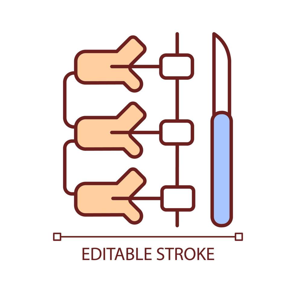 icône de couleur RVB de fusion vertébrale. opération de connexion des vertèbres de la colonne vertébrale. correction chirurgicale de la colonne vertébrale. chirurgie orthopédique. illustration vectorielle isolée. dessin au trait rempli simple. trait modifiable vecteur