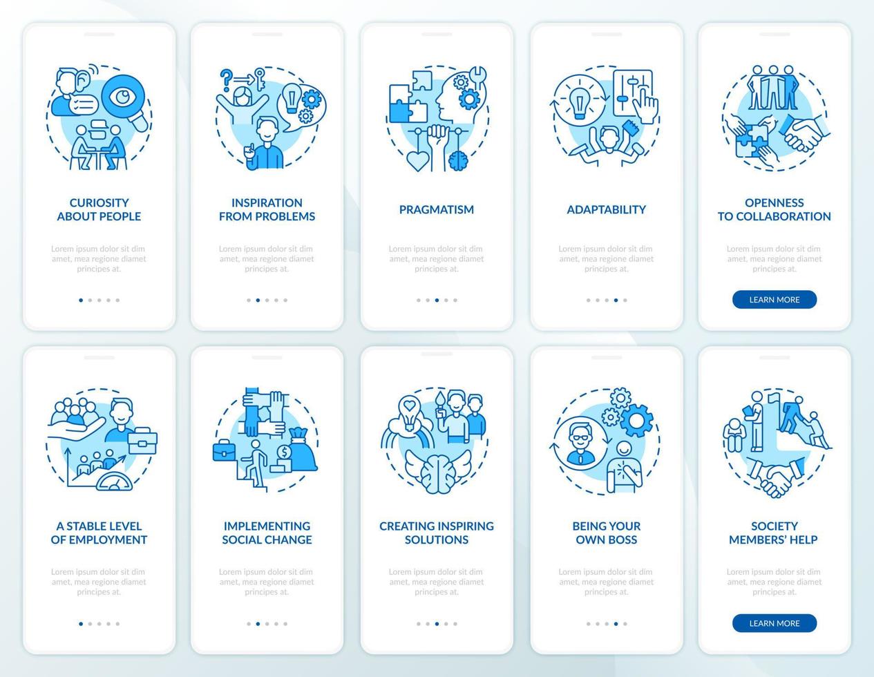 ensemble d'écrans de page d'application mobile d'intégration bleu social business. avantages et fonctionnalités pas à pas instructions graphiques en 5 étapes avec concepts. modèle vectoriel ui, ux, gui avec illustrations couleur linéaires