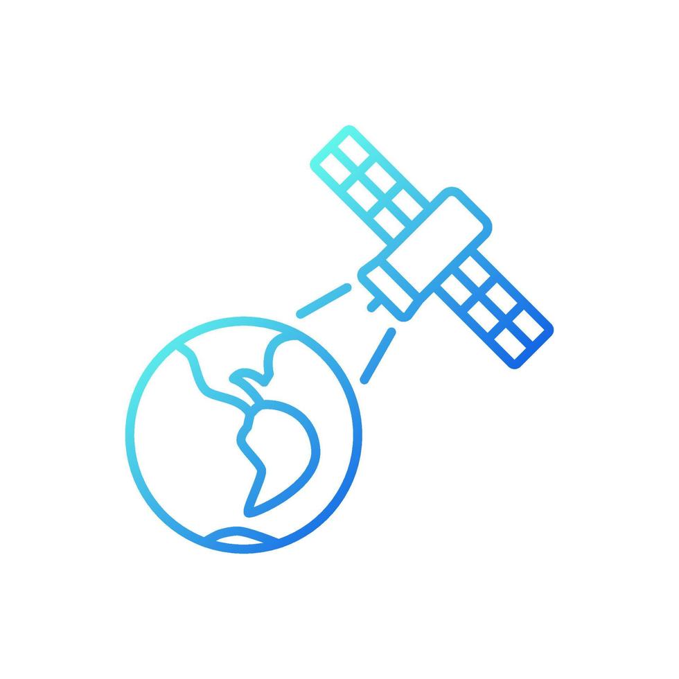 icône de vecteur linéaire de gradient de processus d'observation de la terre. investigation de la surface terrestre par satellite artificiel. symbole de couleur de ligne mince. pictogramme de style moderne. dessin de contour isolé de vecteur