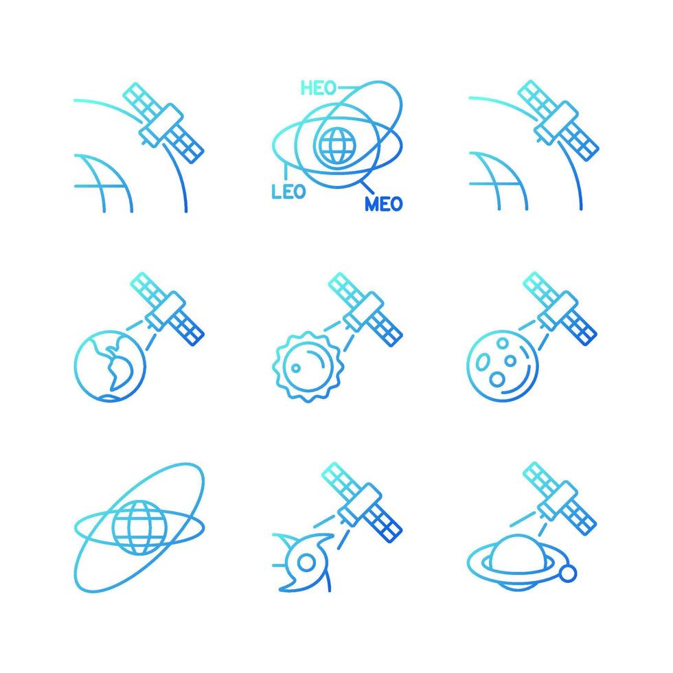 fonctions satellites ensemble d'icônes vectorielles linéaires dégradées. connexion au réseau mondial de télécommunications, signal. ensemble de symboles de contour de ligne mince. collection d'illustrations de contour isolé vecteur