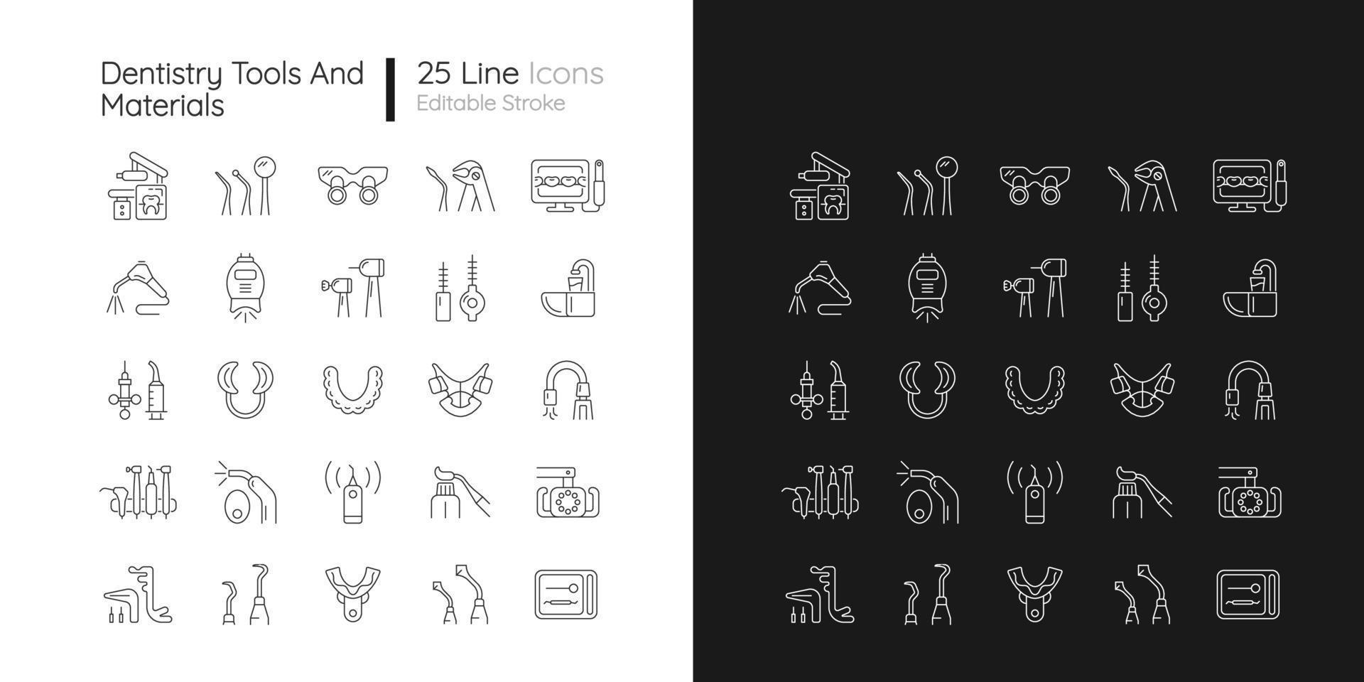 outils et matériaux de dentisterie icônes linéaires définies pour le mode sombre et clair. procédures dentaires. réparation des dents. symboles de lignes fines personnalisables. illustrations vectorielles isolées. trait modifiable vecteur