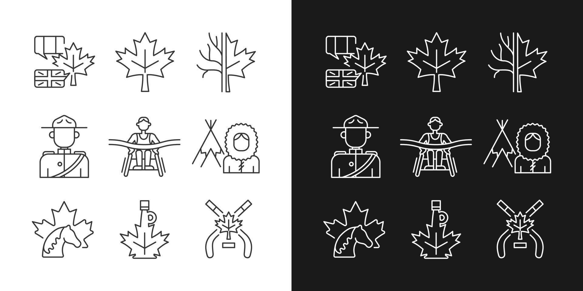 icônes linéaires de représentation canadienne définies pour le mode sombre et clair. symboles officiels du pays. héritage national. symboles de lignes fines personnalisables. illustrations vectorielles isolées. trait modifiable vecteur