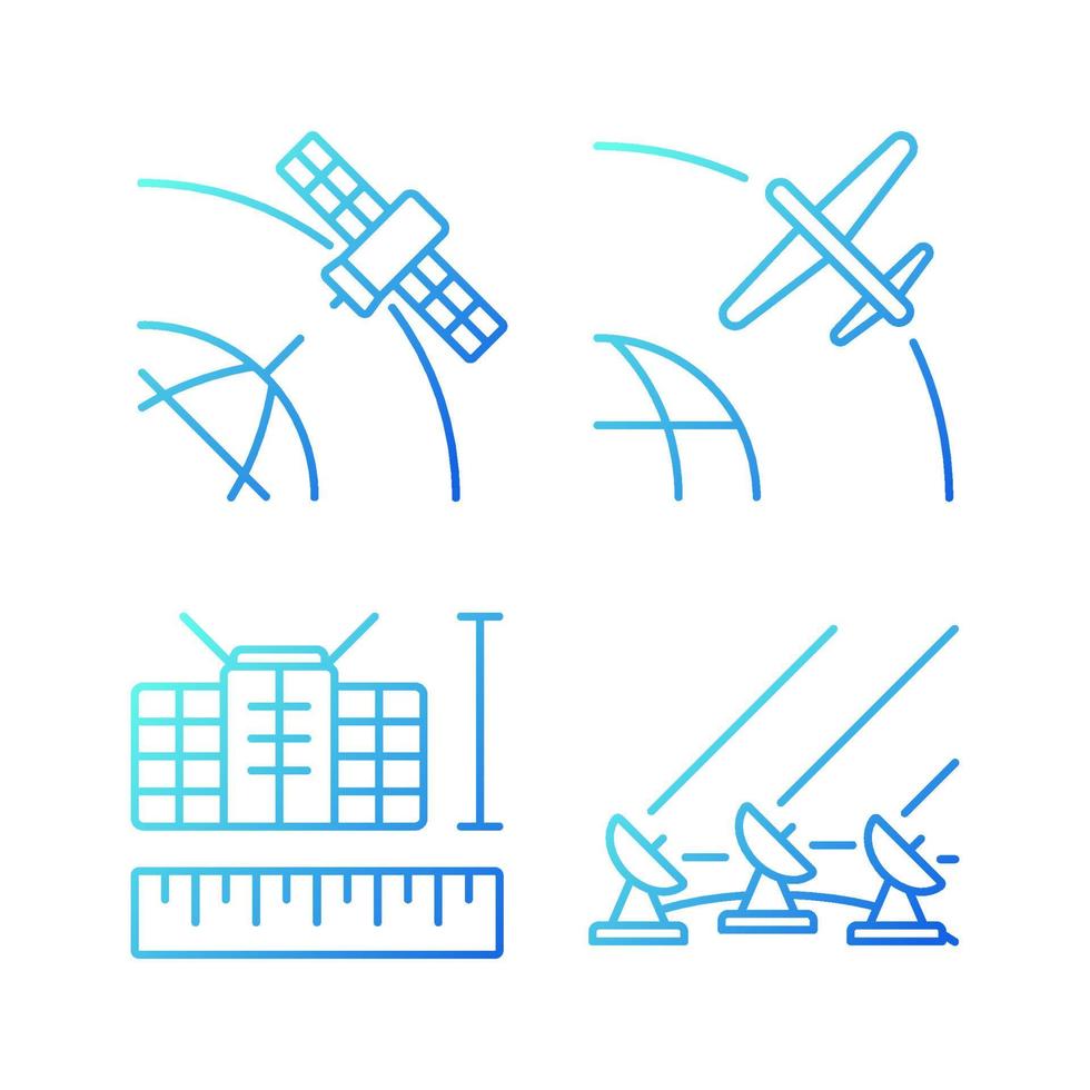 ensemble d'icônes vectorielles linéaires à gradient de technologies satellitaires. système de satellites au sol. géostationnaire, drone, nano satellites. ensemble de symboles de contour de ligne mince. collection d'illustrations de contour isolé vecteur