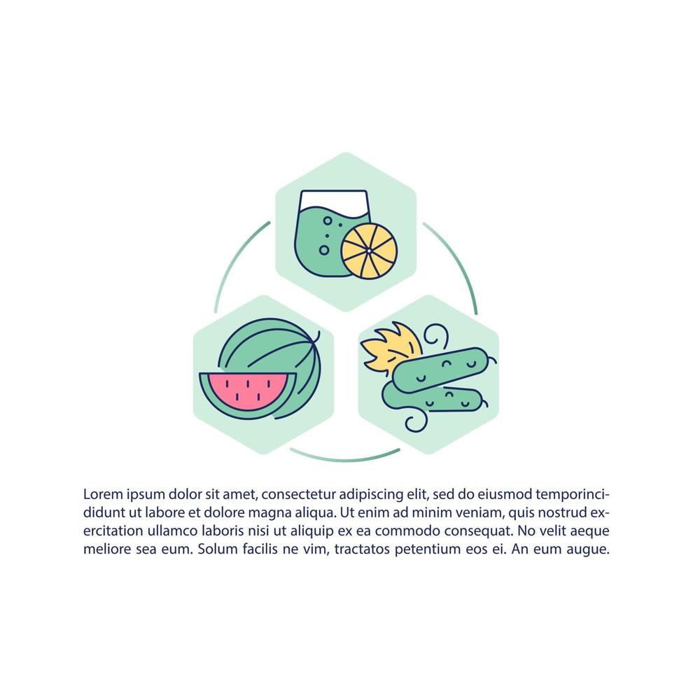 fruits et légumes contenant des icônes de ligne de concept d'eau avec du texte. modèle de vecteur de page ppt avec espace de copie. brochure, magazine, élément de conception de newsletter. illustrations linéaires de réhydratation sur blanc