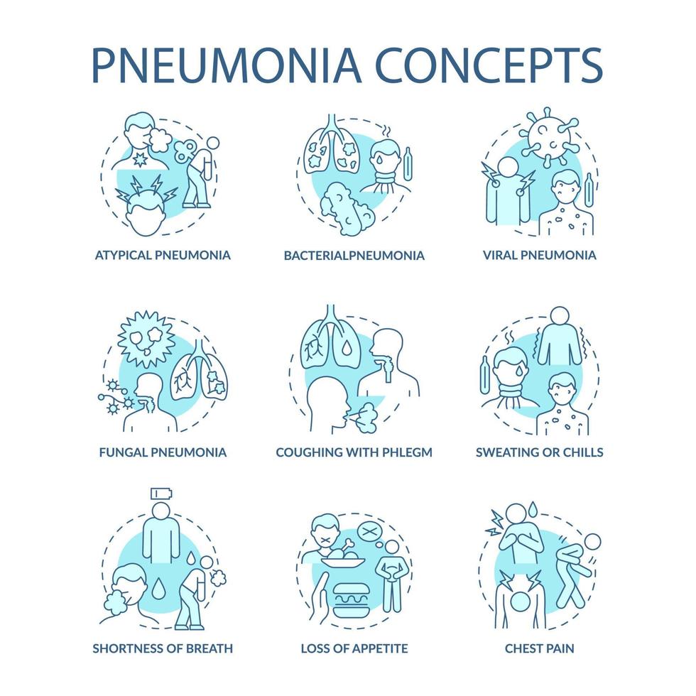 jeu d'icônes de concept bleu pneumonie. idée d'inflammation pulmonaire illustrations en couleur de ligne mince. essoufflement. perte d'appétit. toux avec flegme. dessins de contour isolés de vecteur. trait modifiable vecteur