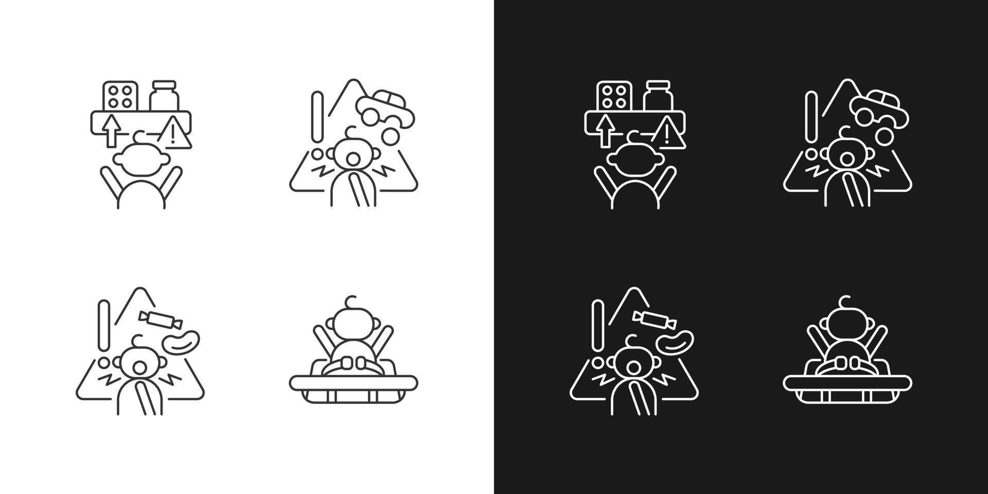 icônes linéaires de prévention de l'empoisonnement et de la suffocation définies pour le mode sombre et clair. aliments et jouets à risque d'étouffement. symboles de lignes fines personnalisables. illustrations vectorielles isolées. trait modifiable vecteur