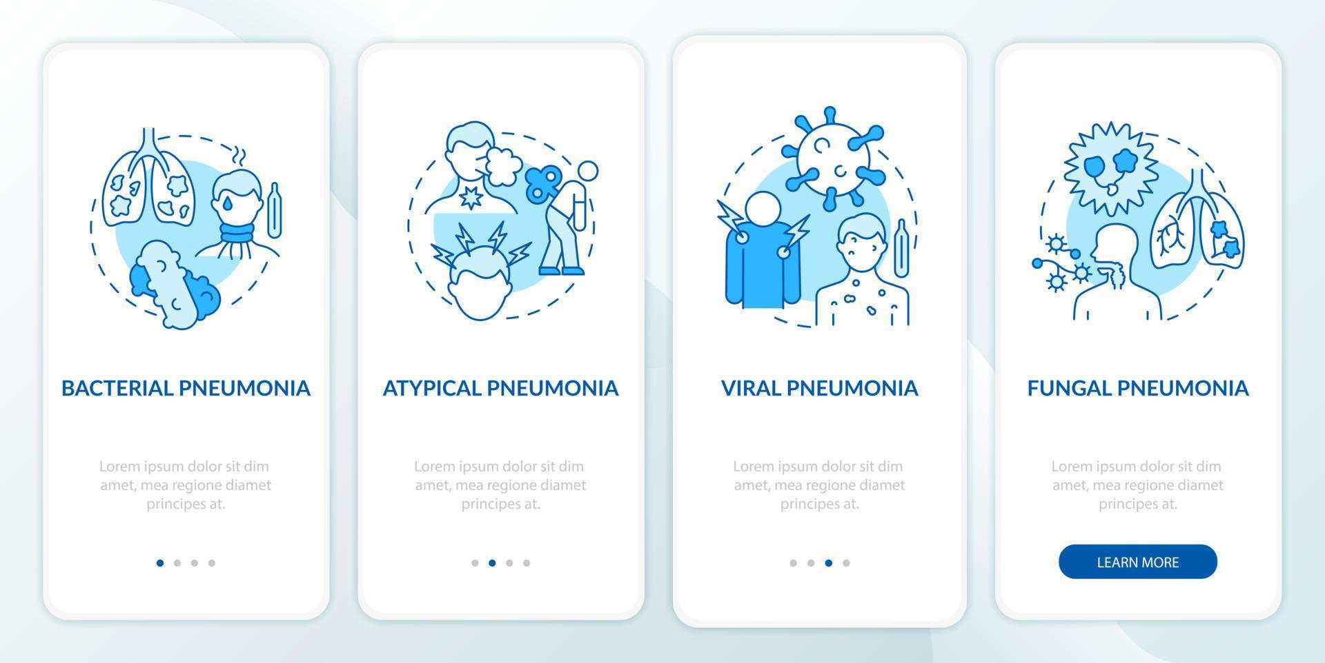 écran de la page de l'application mobile d'intégration de la classification de la pneumonie. Procédure pas à pas pour les bactéries et les virus Instructions graphiques en 4 étapes avec concepts. modèle vectoriel ui, ux, gui avec illustrations couleur linéaires