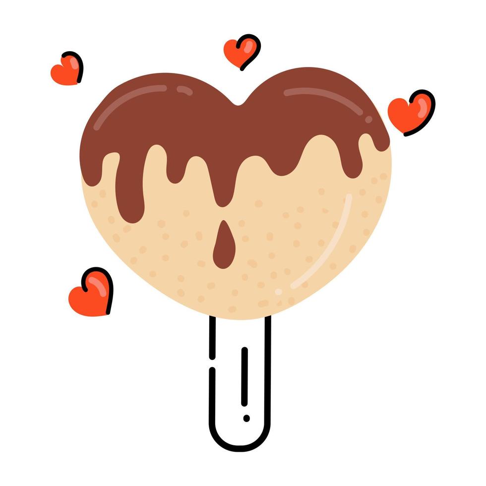 un popsicle coeur avec trempette au chocolat, icône de style plat vecteur