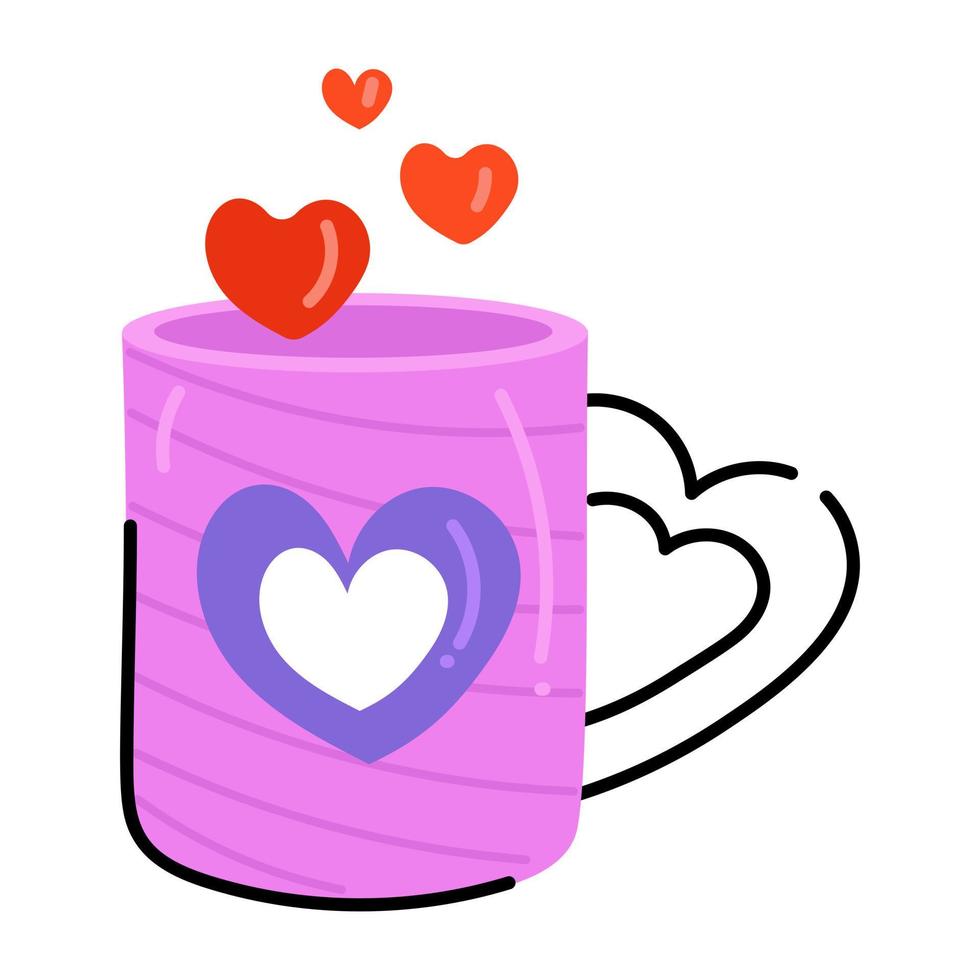 tasse avec des coeurs, icône plate de la date du café vecteur
