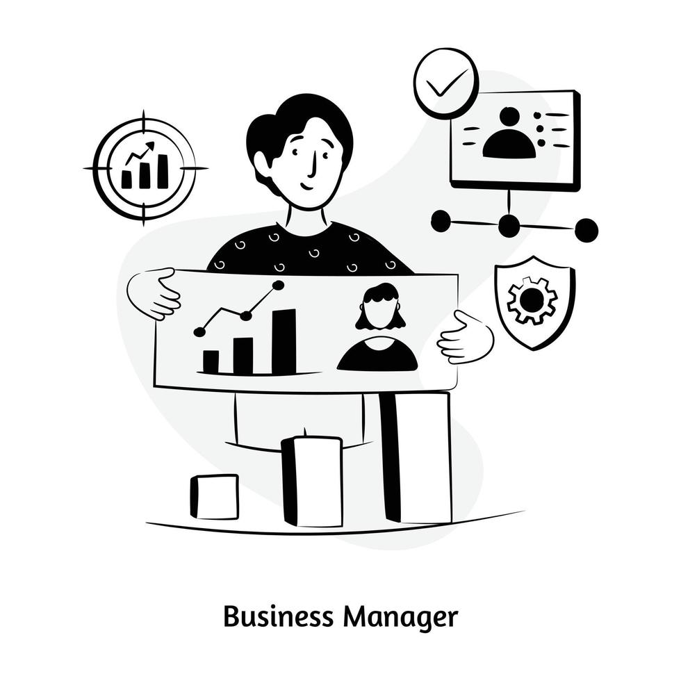 personne avec graphique infographique et roue dentée, illustration dessinée à la main du chef d'entreprise vecteur