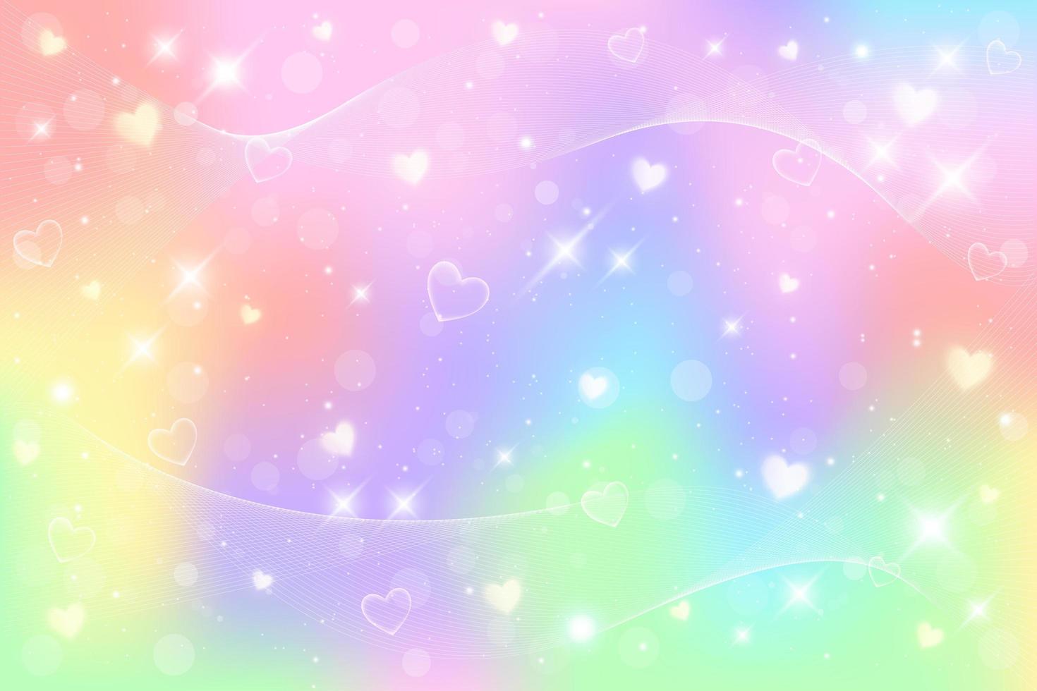 fond de fantaisie arc-en-ciel. illustration holographique aux couleurs pastel. fond girly de dessin animé mignon. ciel multicolore lumineux avec bokeh et coeurs. vecteur. vecteur