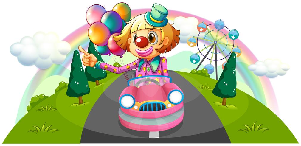 Une voiture rose avec un clown féminin vecteur