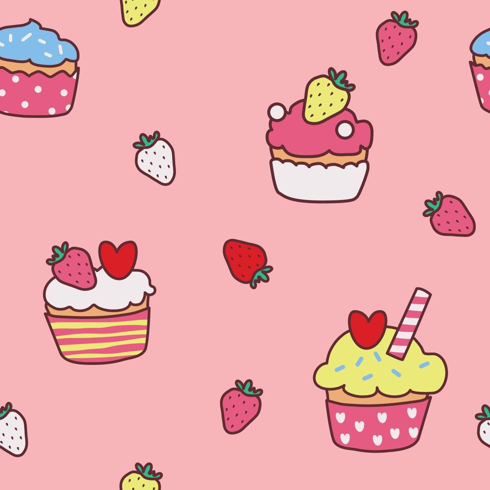 conception de modèles de dessins animés de cupcake aux fraises. fond rose doux. le motif vibrant mignon et harmonieux à la mode d'une fille ou d'un bébé, des fraises colorées fraîches et juteuses en été.illustration vectorielle vecteur