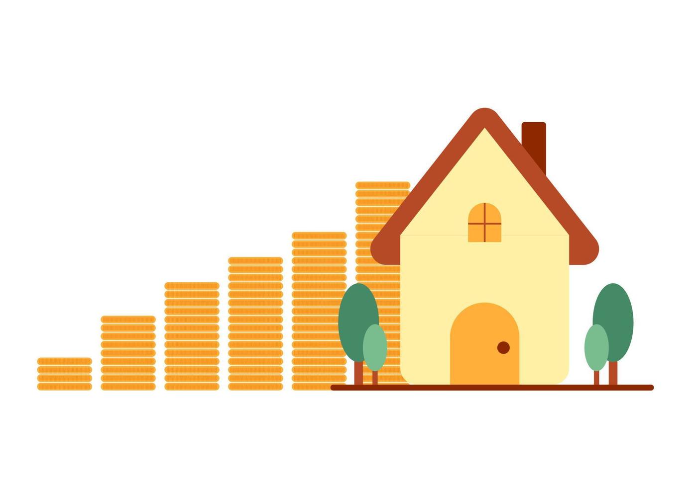 concept d'épargne et d'investissement pour la maison. pile de pièces d'or avec maison isolée sur fond blanc. la réussite commerciale et la croissance financière à l'avenir. vecteur