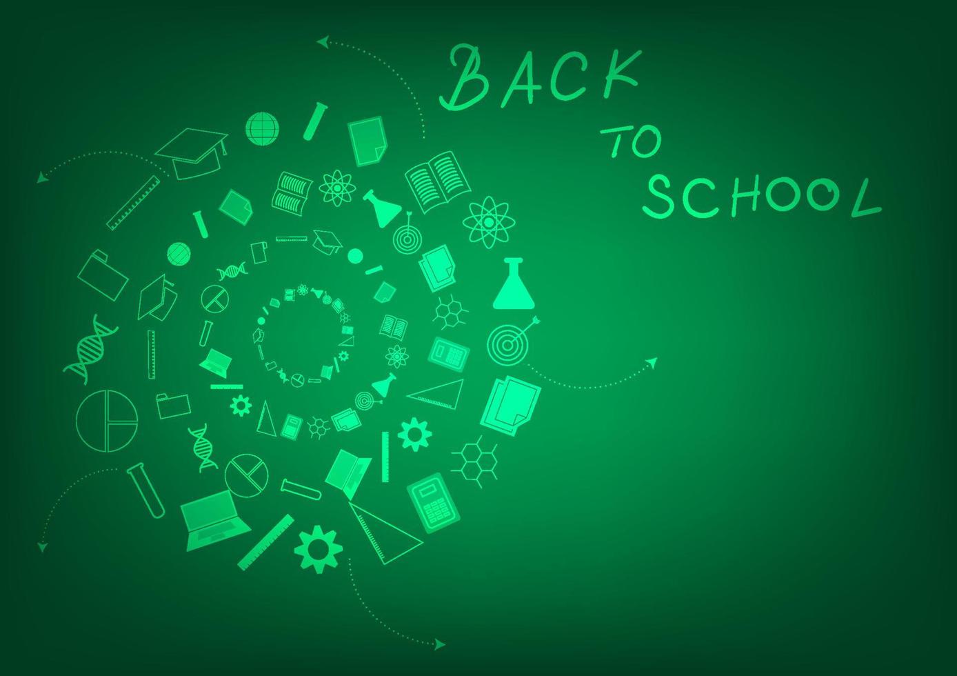 concept de retour à l'école. icône de l'éducation et accessoires d'étude avec un tableau noir vert. vecteur