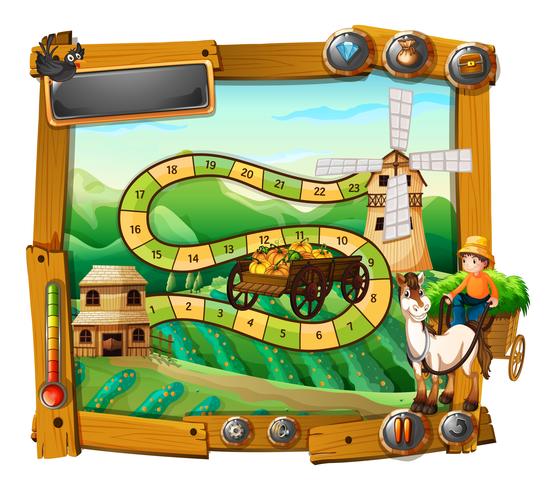 Modèle de jeu avec agriculteur sur wagon vecteur