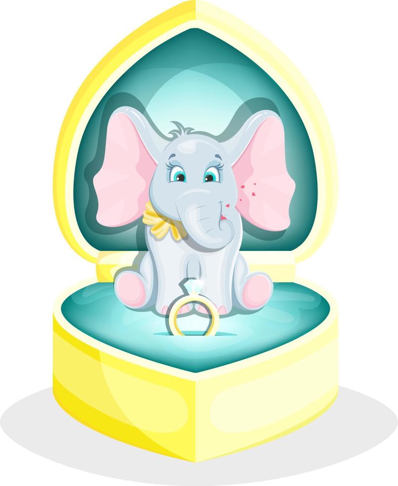 un éléphant mignon et amoureux est assis dans une boîte avec un anneau. déclaration d'amour vecteur