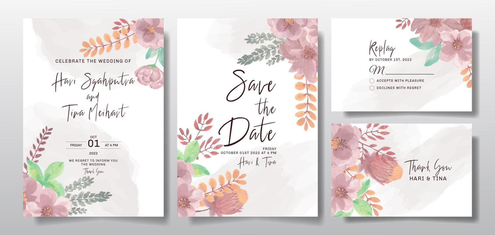 carte de voeux d'invitation de mariage avec fond de conception de fleurs ou de feuilles aquarelle vecteur