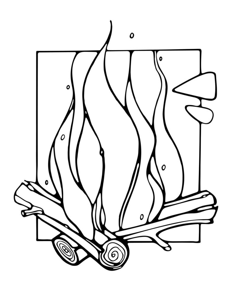 feu de joie avec du bois de chauffage. illustration vectorielle de contour dessiné à la main. pour le coloriage vecteur