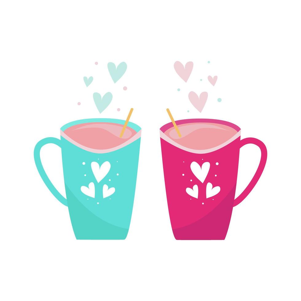 chocolat chaud isolé sur fond blanc. 2 tasses avec une boisson parfumée. vapeur sous forme de coeurs. style bande dessinée. illustration vectorielle vecteur