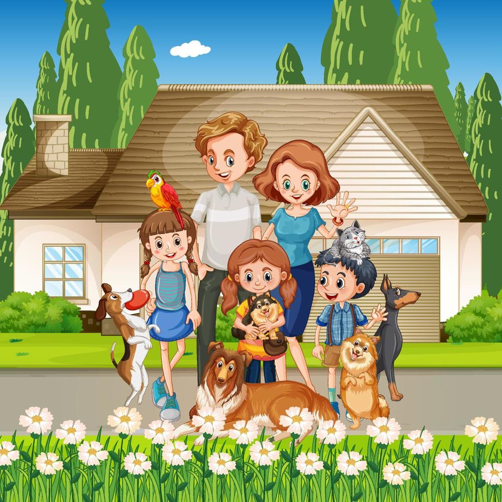 scène extérieure avec une famille heureuse et des chiens vecteur