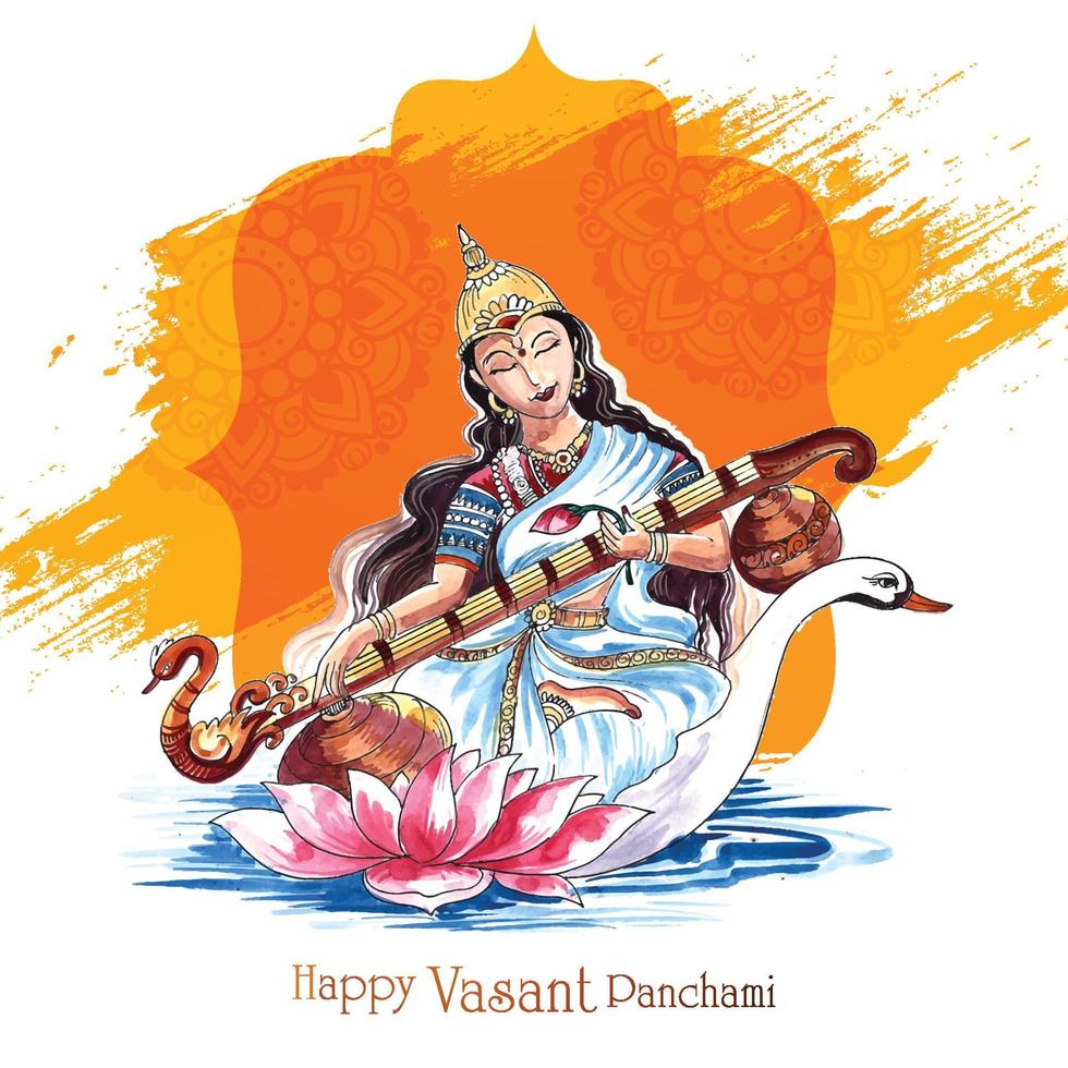 vasant panchami sur fond de carte de célébration du dieu indien saraswati maa vecteur