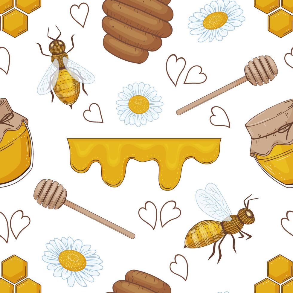 modèle sans couture à partir d'éléments dessinés à la main. miel, abeilles, fleurs. texture de couleur sans fin. illustration vectorielle. vecteur