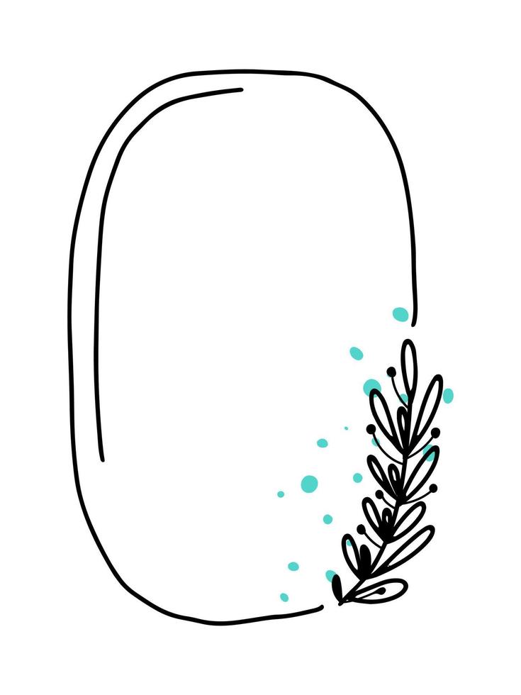 cadre floral vectoriel géométrique ovale, bordure avec des éléments de griffonnage de feuilles et de petites fleurs. style de croquis dessiné à la main pour invitation, carte de voeux, médias sociaux
